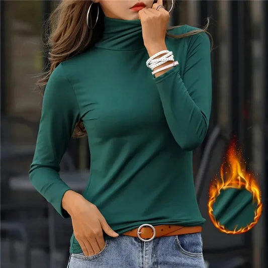 Winter Solid Color High Neck Long Sleeved T-shirt for Women with Added Plush Bottom