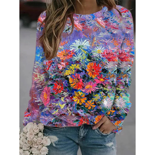 Flower Oil Painting Sweatshirts Colorful Floral 3D Print Women Streetwear
