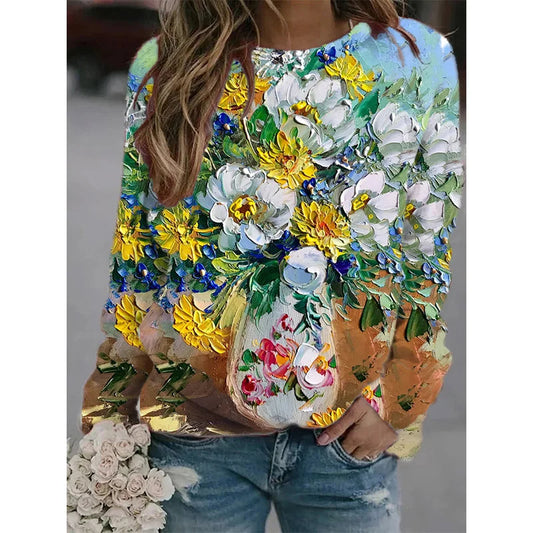 Flower Oil Painting Sweatshirts Colorful Floral 3D Print Women Streetwear