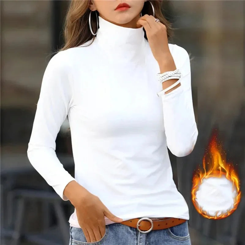 Winter Solid Color High Neck Long Sleeved T-shirt for Women with Added Plush Bottom