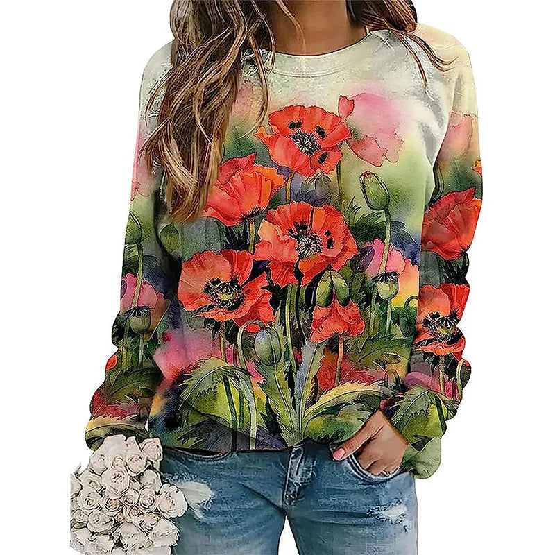 Flower Oil Painting Sweatshirts Colorful Floral 3D Print Women Streetwear