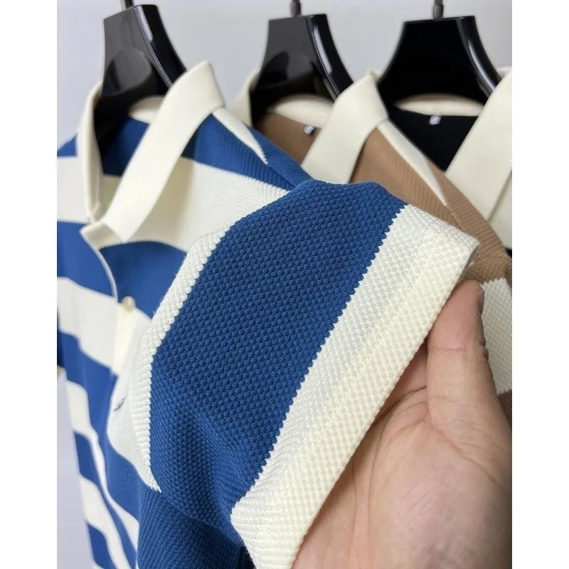 Summer Hot Striped Embroidered Polo Shirt Men's Short Sleeved Top