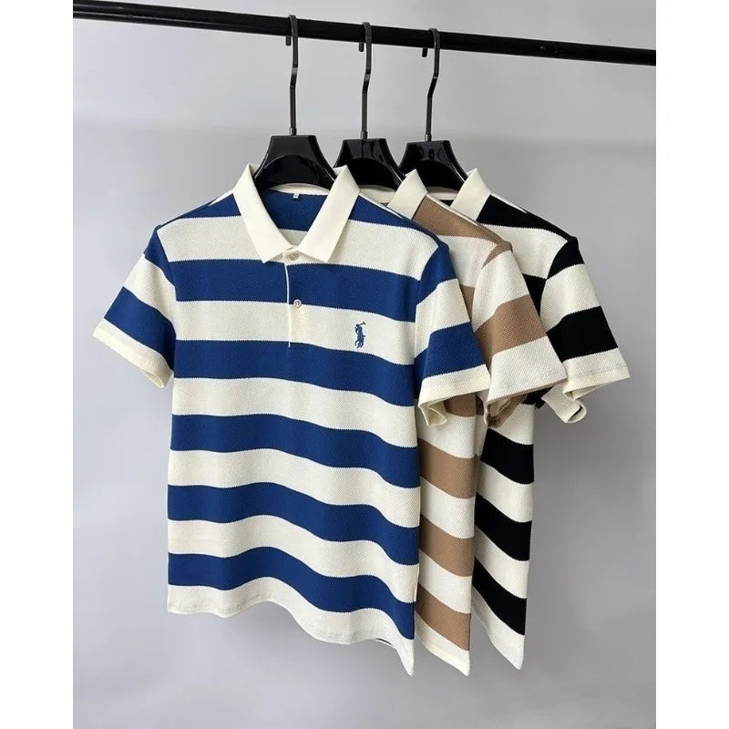 Summer Hot Striped Embroidered Polo Shirt Men's Short Sleeved Top